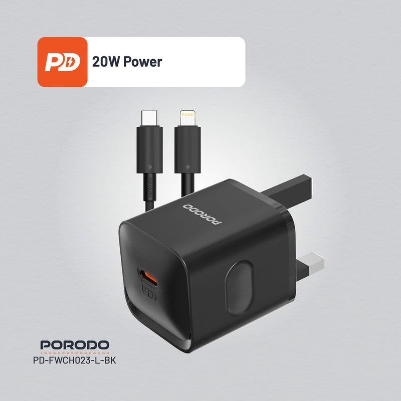 Porodo USB-C Power Delivery Wall Charger with Lightning Cable - Black - بلاك شاحن حائط + سلك شحن ايفون - بورودو - كفالة 12 شهر