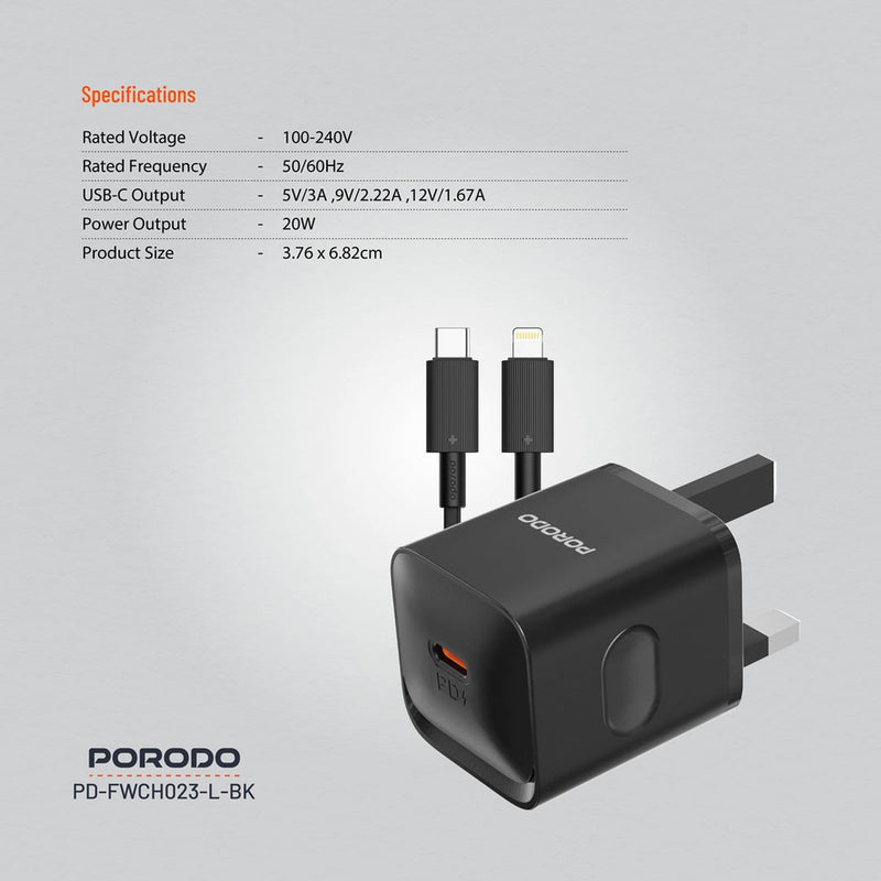 Porodo USB-C Power Delivery Wall Charger with Lightning Cable - Black - بلاك شاحن حائط + سلك شحن ايفون - بورودو - كفالة 12 شهر