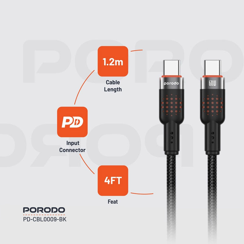 Porodo USB-C to USB-C Aluminum Braided Cable -  سلك شحن - بورودو - تايب سي الي  تايب سي - قوة 60 واط - كفالة 12 شهر