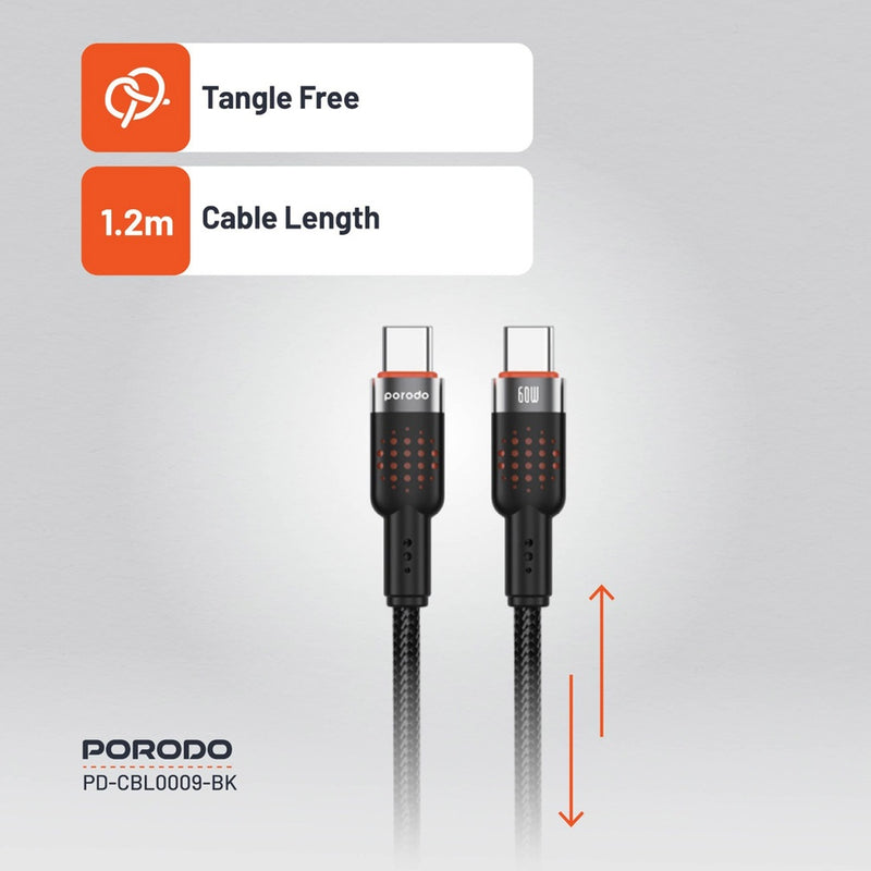 Porodo USB-C to USB-C Aluminum Braided Cable -  سلك شحن - بورودو - تايب سي الي  تايب سي - قوة 60 واط - كفالة 12 شهر