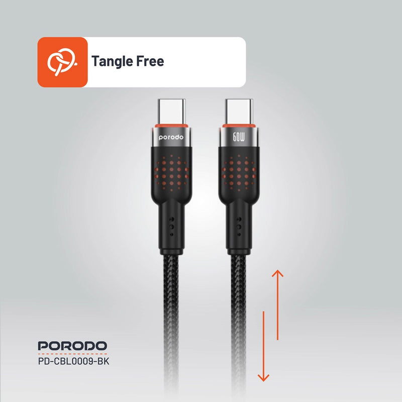 Porodo USB-C to USB-C Aluminum Braided Cable -  سلك شحن - بورودو - تايب سي الي  تايب سي - قوة 60 واط - كفالة 12 شهر