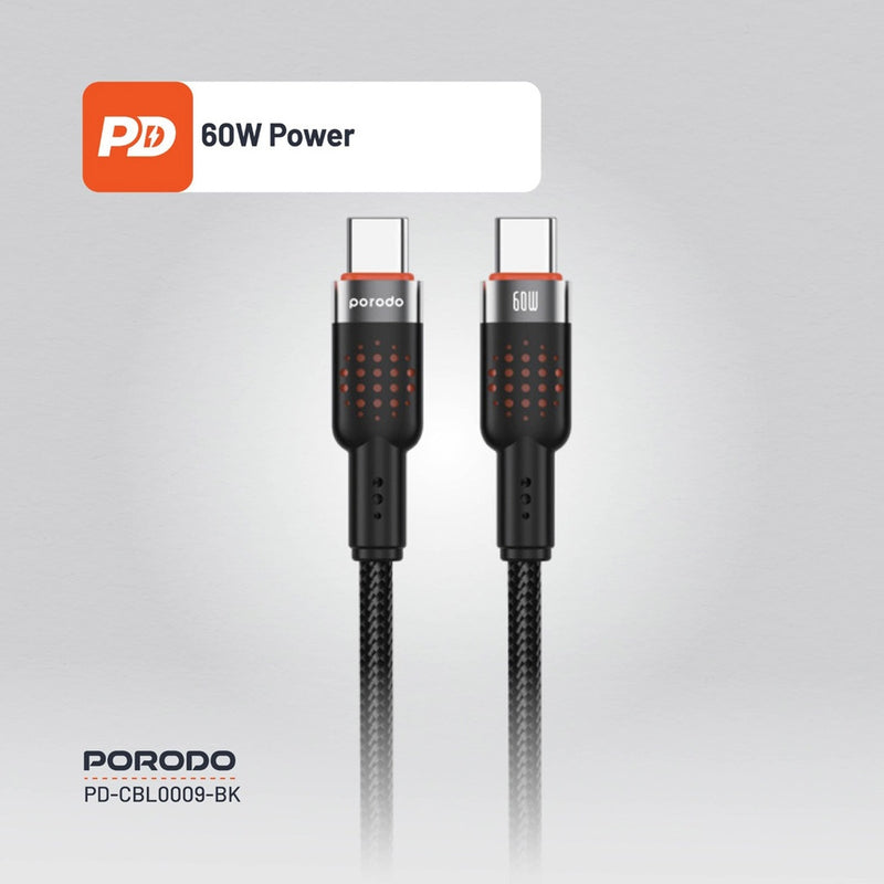 Porodo USB-C to USB-C Aluminum Braided Cable -  سلك شحن - بورودو - تايب سي الي  تايب سي - قوة 60 واط - كفالة 12 شهر