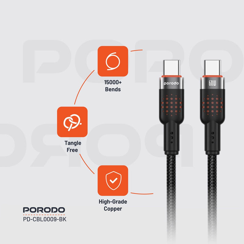 Porodo USB-C to USB-C Aluminum Braided Cable -  سلك شحن - بورودو - تايب سي الي  تايب سي - قوة 60 واط - كفالة 12 شهر