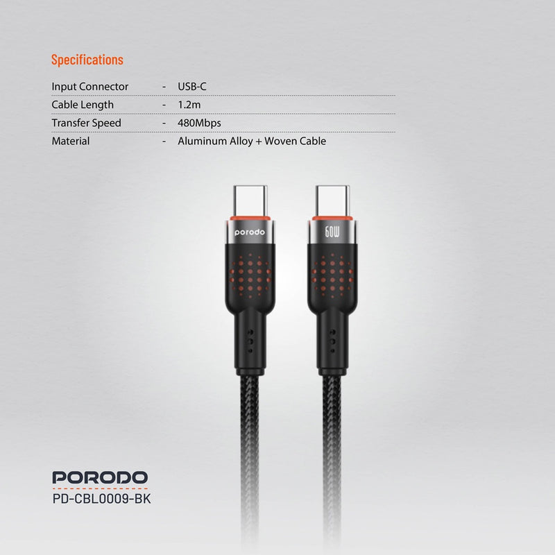 Porodo USB-C to USB-C Aluminum Braided Cable -  سلك شحن - بورودو - تايب سي الي  تايب سي - قوة 60 واط - كفالة 12 شهر