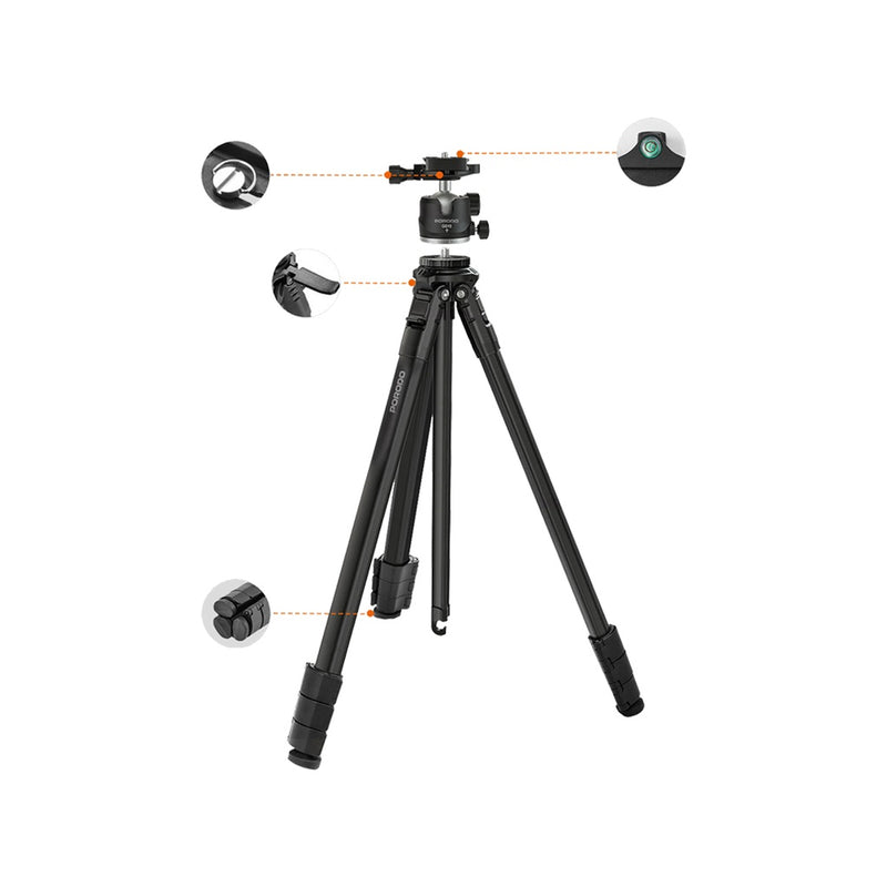 Porodo Ultra-Light Aluminum Tripod - Black - ستاند كاميره + بروجيكتور - برودو