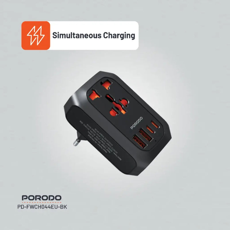 Porodo Universal AC Adapter Multi-Device Charging EU Plug - Black [O] - شاحن حائط  - 4 منافذ للشحن + منفذ كهرباء - كفالة 24 شهر