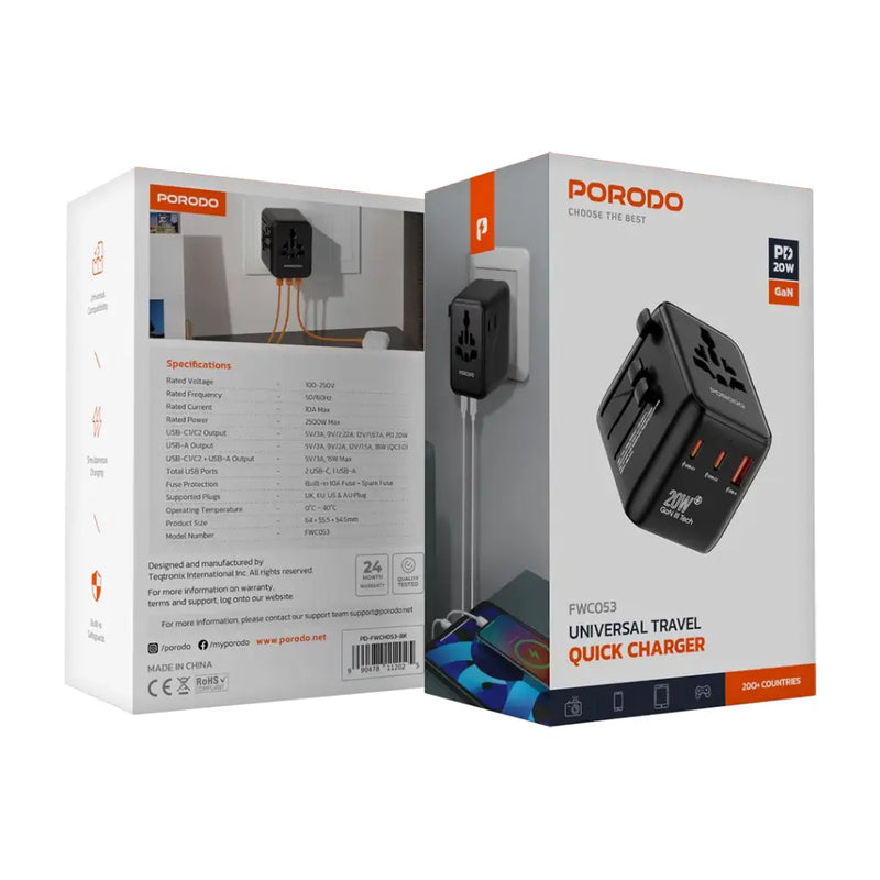 Porodo Universal Travel GaN Quick Charger - Black - شاحن حائط دولي - لجميع دول العالم - منفذين للشحن الذكي والسريع - كفالة 24 شهر