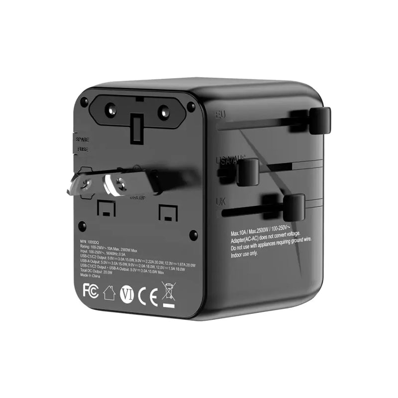 Porodo Universal Travel GaN Quick Charger - Black - شاحن حائط دولي - لجميع دول العالم - منفذين للشحن الذكي والسريع - كفالة 24 شهر