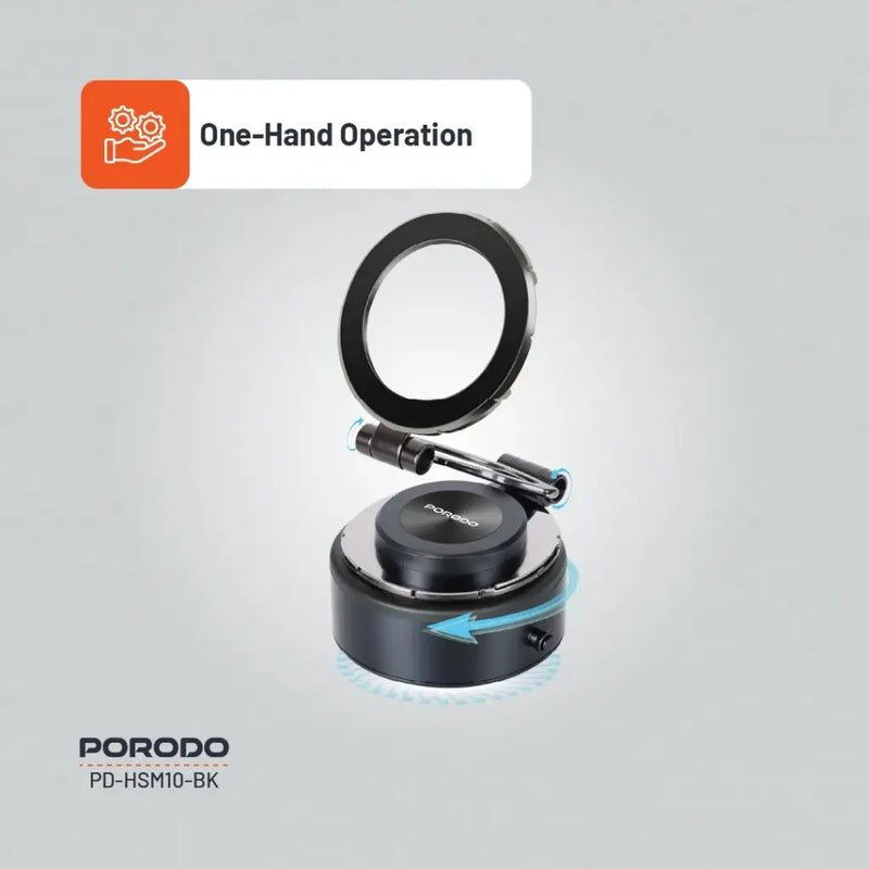 Porodo Vacuseal MagSafe Magnetic Mount - Black - ستاند سيارة مناسب لجميع انواع الاجهزة - شفط شحن - دوران 360 درجة - ماغ سيف - بورودو