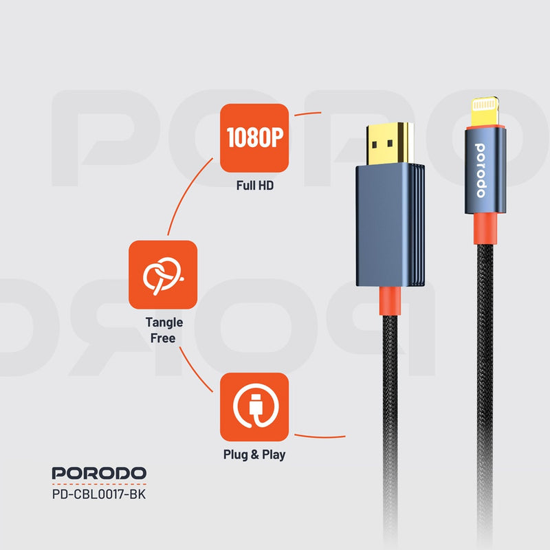 Porodo Woven Cable Lightning to HDMI - Black - وصلة تلفزيون لاجهزة الايفون - من الجهاز الى التلفزيون مباشرة