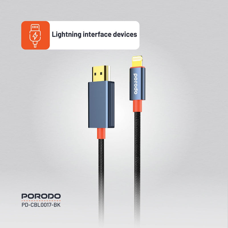 Porodo Woven Cable Lightning to HDMI - Black - وصلة تلفزيون لاجهزة الايفون - من الجهاز الى التلفزيون مباشرة