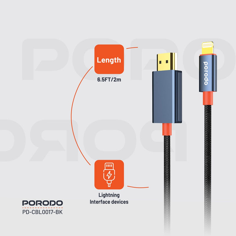 Porodo Woven Cable Lightning to HDMI - Black - وصلة تلفزيون لاجهزة الايفون - من الجهاز الى التلفزيون مباشرة