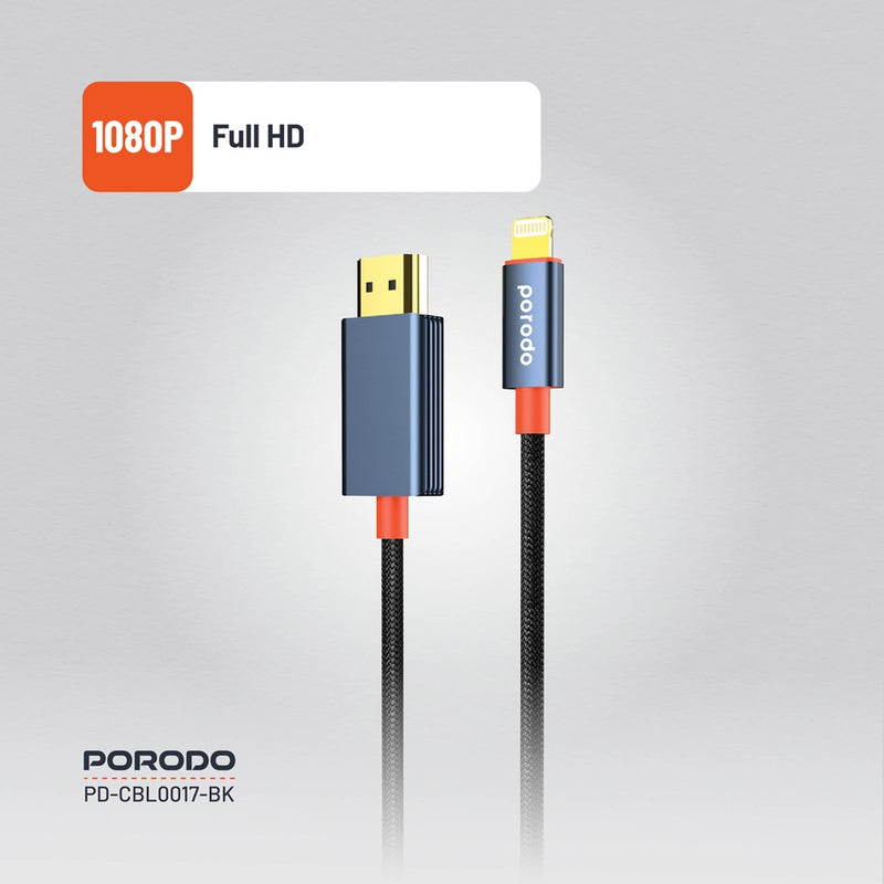 Porodo Woven Cable Lightning to HDMI - Black - وصلة تلفزيون لاجهزة الايفون - من الجهاز الى التلفزيون مباشرة