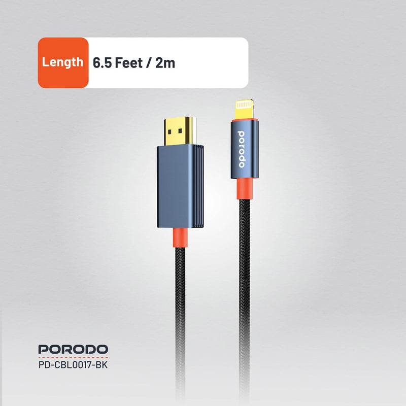 Porodo Woven Cable Lightning to HDMI - Black - وصلة تلفزيون لاجهزة الايفون - من الجهاز الى التلفزيون مباشرة