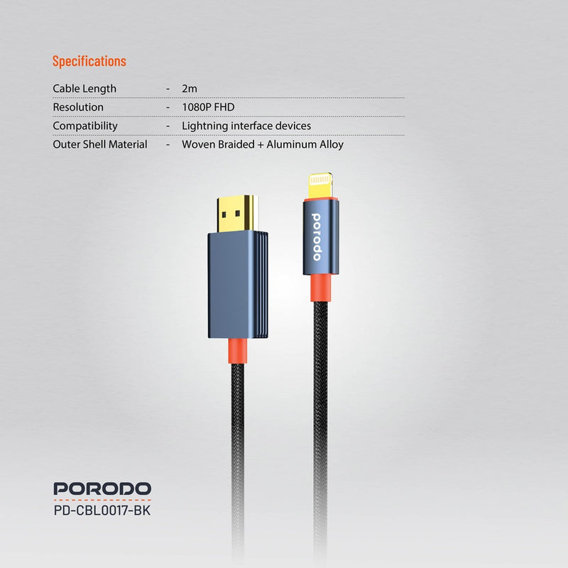 Porodo Woven Cable Lightning to HDMI - Black - وصلة تلفزيون لاجهزة الايفون - من الجهاز الى التلفزيون مباشرة