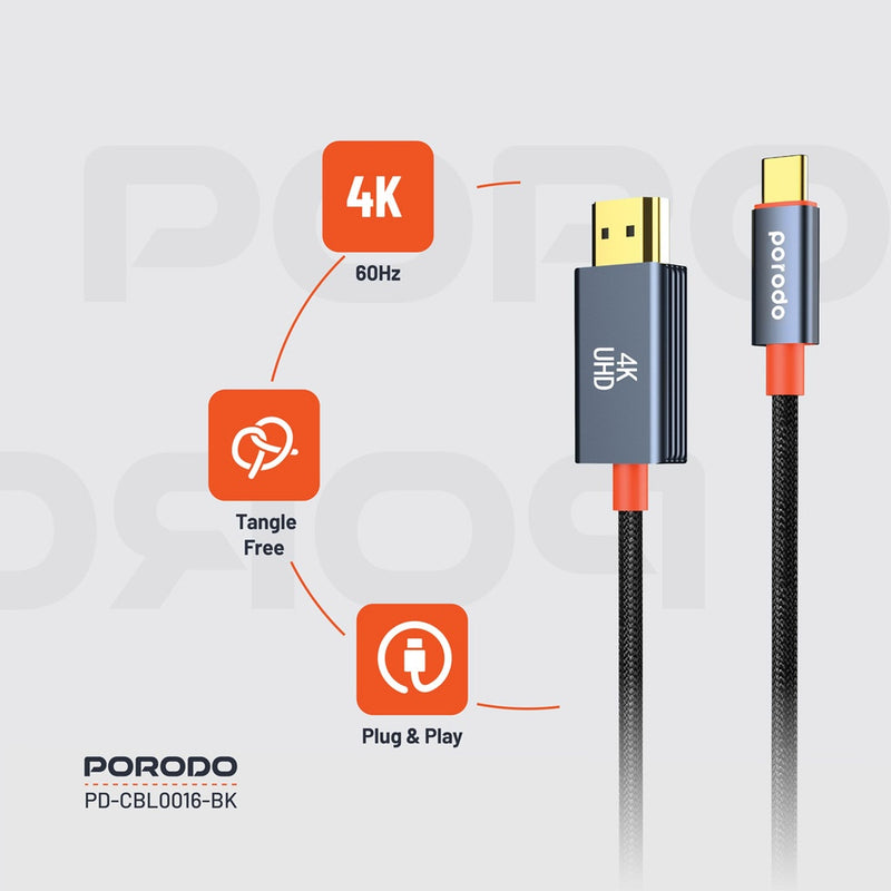 Porodo Woven Cable Type-C to HDMI - Black - وصلة تلفزيون لاجهزة الاندرويد و ايفون 15/16 - تايب سي - من الجهاز الى التلفزيون مباشرة