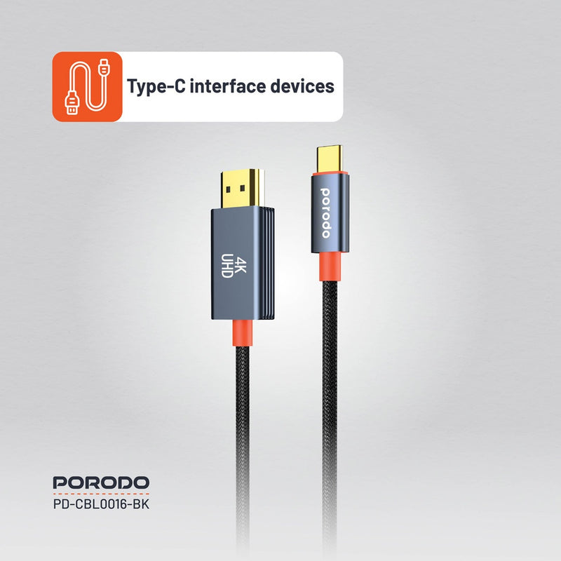 Porodo Woven Cable Type-C to HDMI - Black - وصلة تلفزيون لاجهزة الاندرويد و ايفون 15/16 - تايب سي - من الجهاز الى التلفزيون مباشرة
