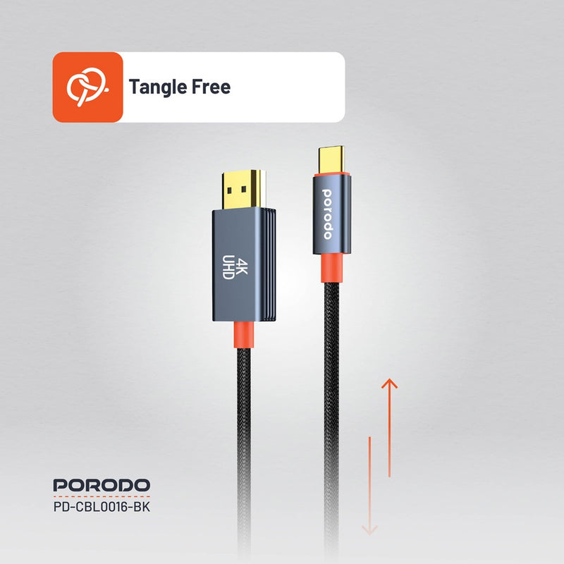 Porodo Woven Cable Type-C to HDMI - Black - وصلة تلفزيون لاجهزة الاندرويد و ايفون 15/16 - تايب سي - من الجهاز الى التلفزيون مباشرة