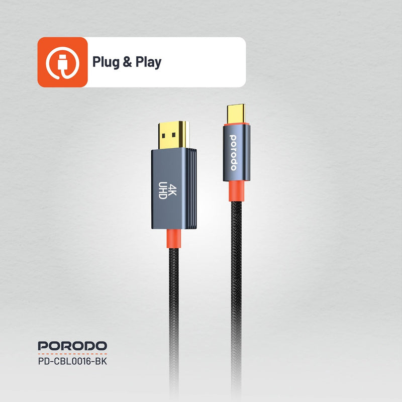 Porodo Woven Cable Type-C to HDMI - Black - وصلة تلفزيون لاجهزة الاندرويد و ايفون 15/16 - تايب سي - من الجهاز الى التلفزيون مباشرة