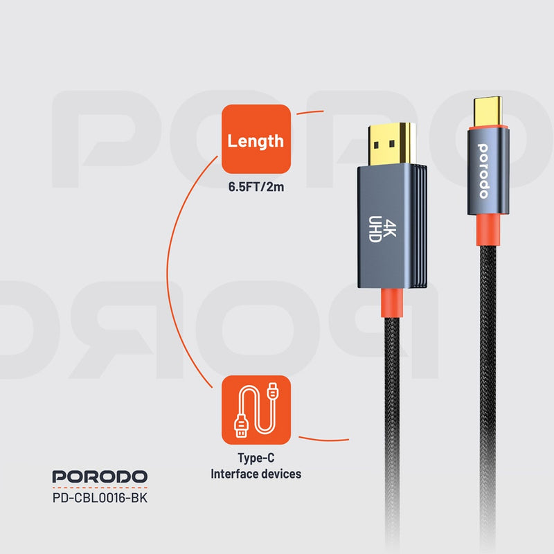 Porodo Woven Cable Type-C to HDMI - Black - وصلة تلفزيون لاجهزة الاندرويد و ايفون 15/16 - تايب سي - من الجهاز الى التلفزيون مباشرة