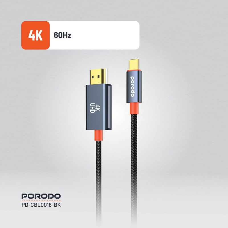Porodo Woven Cable Type-C to HDMI - Black - وصلة تلفزيون لاجهزة الاندرويد و ايفون 15/16 - تايب سي - من الجهاز الى التلفزيون مباشرة
