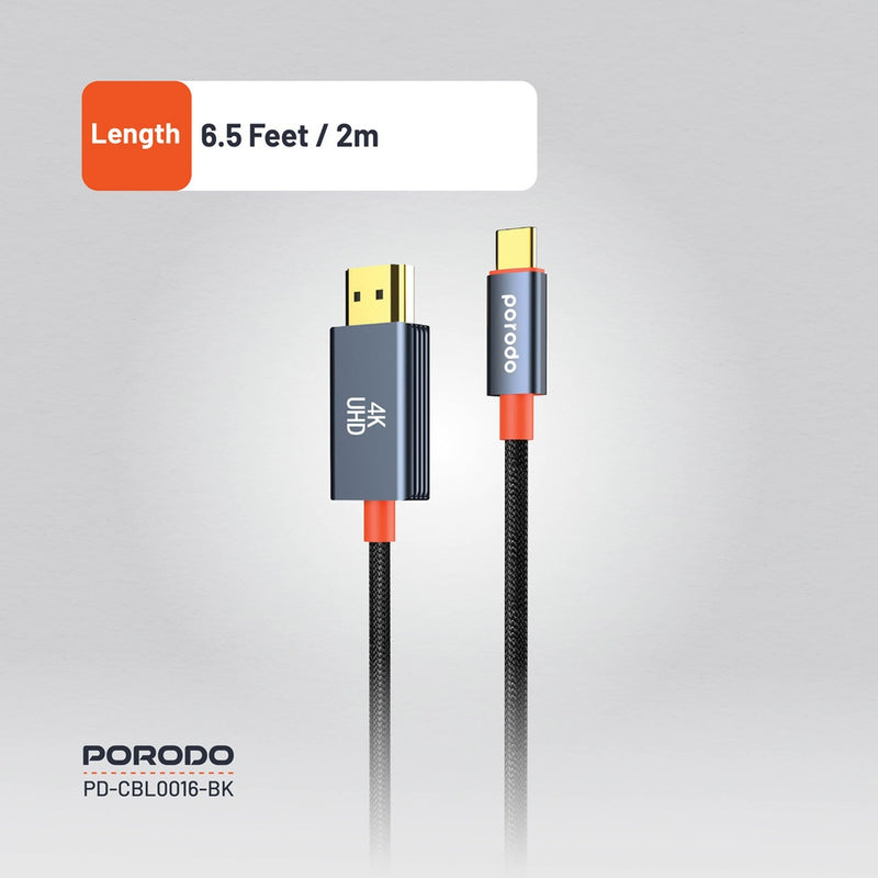 Porodo Woven Cable Type-C to HDMI - Black - وصلة تلفزيون لاجهزة الاندرويد و ايفون 15/16 - تايب سي - من الجهاز الى التلفزيون مباشرة