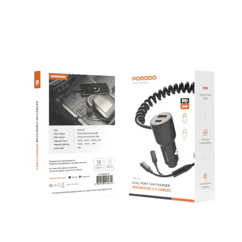 Porodo Dual Port Car Charger Integrated C+L Cables - 30W - Black -شاحن ولاعه للسيارة + سلك شحن 2 في 1 - ايفون + تايب سي - برودو  - اسود - كفالة 12 شهر
