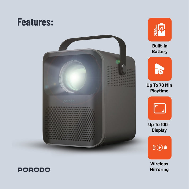 Porodo Full HD Portable Projector - Black - بروجكتور متنقل - بطاريه تدوم حتى 3 ساعات - بورودو - كفالة 24 شهر