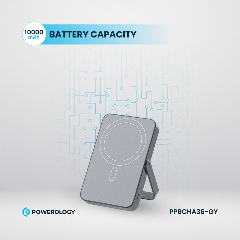 Powerology 10000mAh MagSafe Power Glass Surface - Gray [O] - بطارية متنقلة -  ماغ سيف + ستاند - سعة 10 آلاف - قوة 15 واط - كفالة 18 شهر