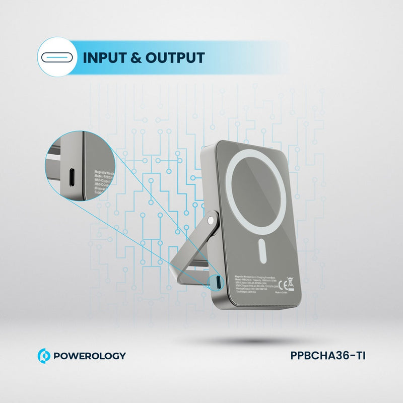 Powerology 10000mAh MagSafe Power Glass Surface - Titanium [O] - بطارية متنقلة -  ماغ سيف + ستاند - سعة 10 آلاف - قوة 15 واط - كفالة 18 شهر