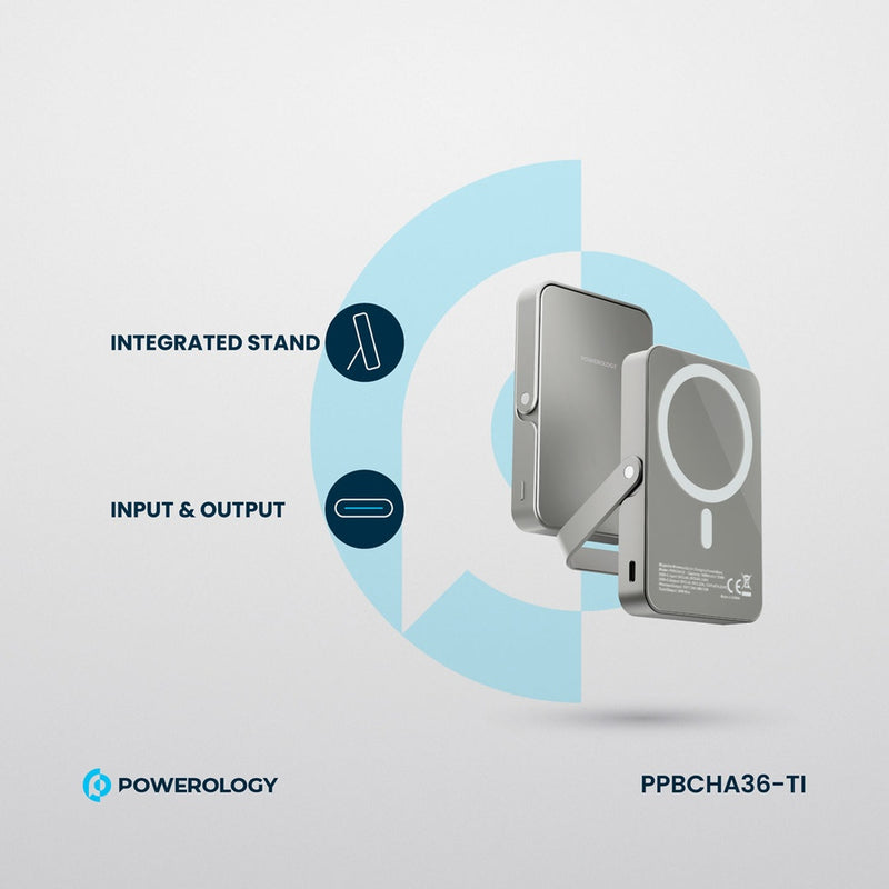 Powerology 10000mAh MagSafe Power Glass Surface - Titanium [O] - بطارية متنقلة -  ماغ سيف + ستاند - سعة 10 آلاف - قوة 15 واط - كفالة 18 شهر