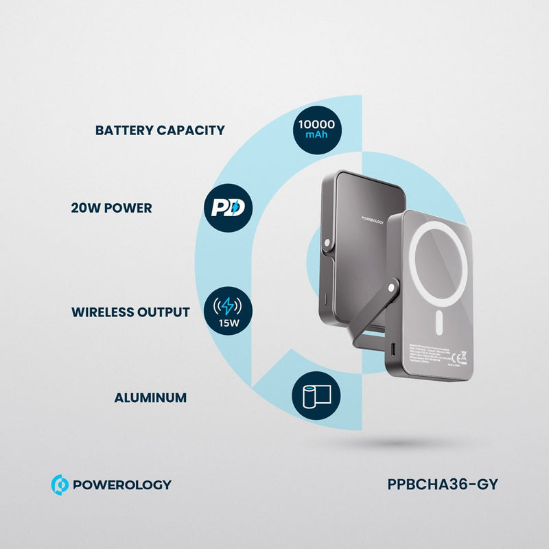 Powerology 10000mAh MagSafe Power Glass Surface - Gray [O] - بطارية متنقلة -  ماغ سيف + ستاند - سعة 10 آلاف - قوة 15 واط - كفالة 18 شهر