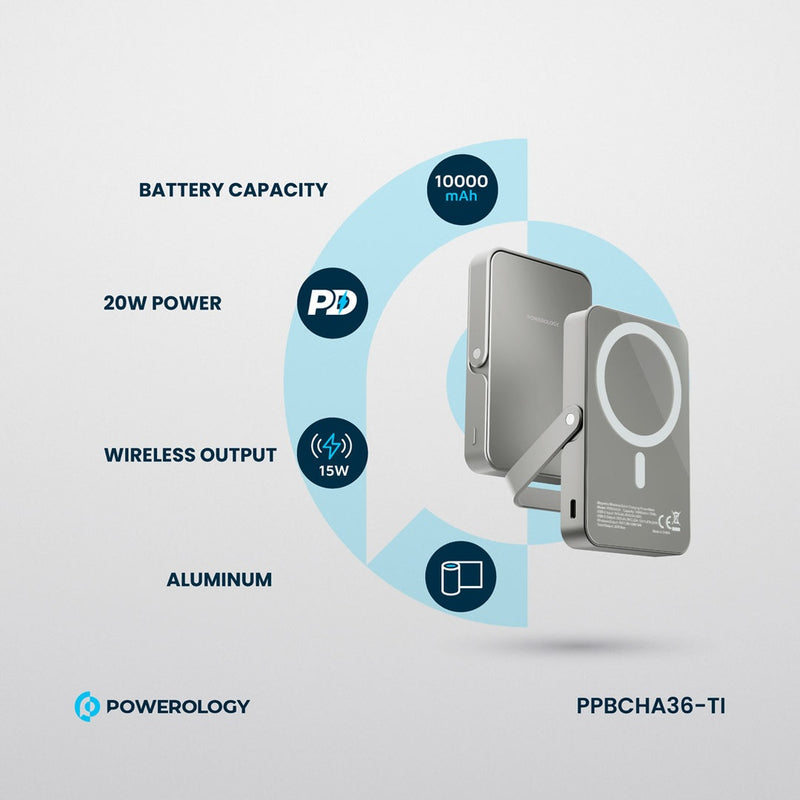 Powerology 10000mAh MagSafe Power Glass Surface - Titanium [O] - بطارية متنقلة -  ماغ سيف + ستاند - سعة 10 آلاف - قوة 15 واط - كفالة 18 شهر