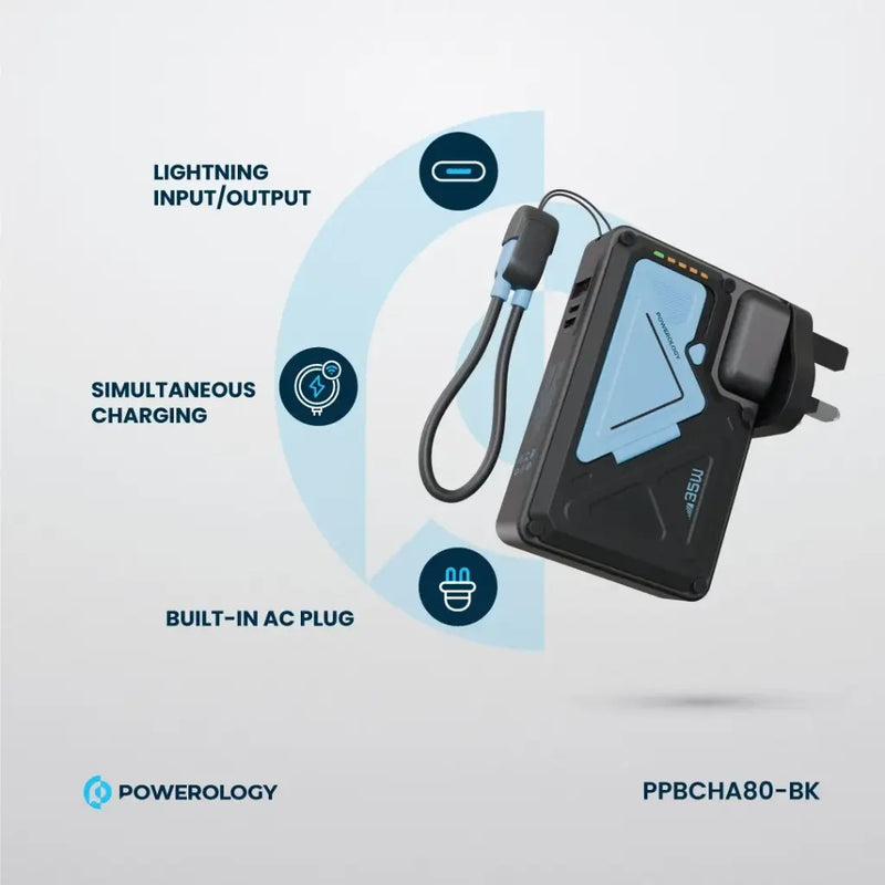Powerology 10000mAh Wall Charger Magsafe 15W Power Bank 35W with C-C cable Bank - شاحن حائط دولي -  2 في 1 - باور بانك سعة 10000 + سلك شحن تايب سي - شاشه رقمية - كفالة 24 شهر