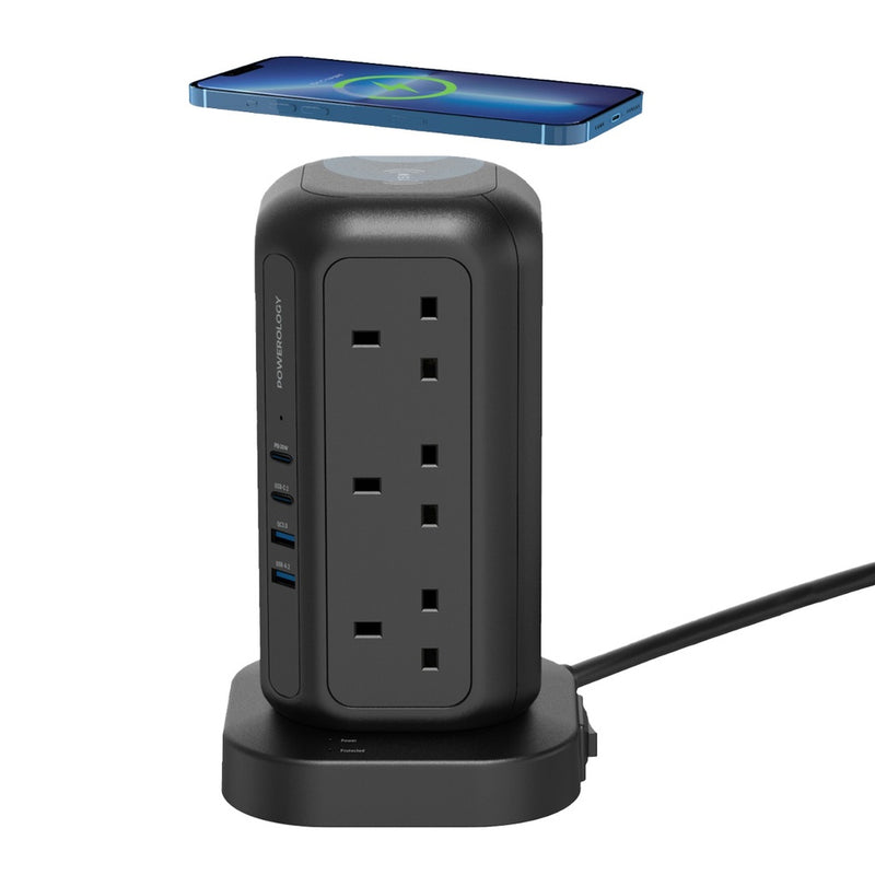 Powerology 12 AC Sockets GaN Tower Hub - Black - ستاند موزع شحن - 12 منفذ كهرباء + 2 منفذين تايب سي - قوة 20 واط - 2 منفذين يو اس بي اي - كفاله 24 شهر