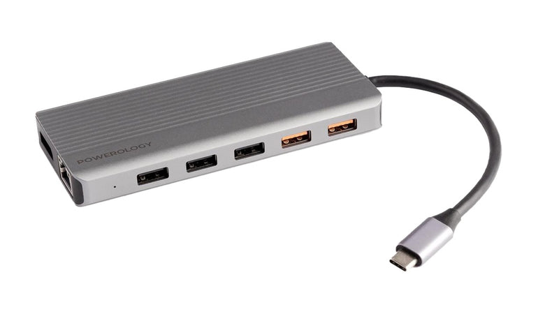 Powerology 12in1 USB-C Hub HDMI Type-C 100W PD Ethernet VGA USB SD MicroSD 3.5AUX - Dark - وصلة تايب سي - 12 في 1 - متعددة الاستعمالات - لاجهزة الايباد برو - والماكو بوك واللاب توبات - كفالة 24 شهر