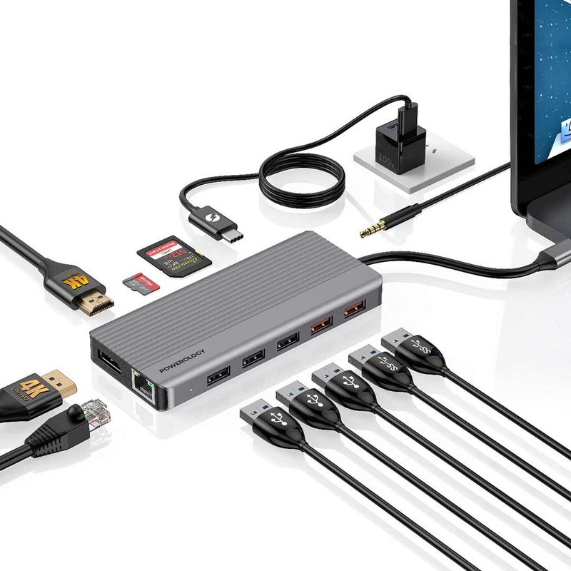 Powerology 12in1 USB-C Hub HDMI Type-C 100W PD Ethernet VGA USB SD MicroSD 3.5AUX - Dark - وصلة تايب سي - 12 في 1 - متعددة الاستعمالات - لاجهزة الايباد برو - والماكو بوك واللاب توبات - كفالة 24 شهر