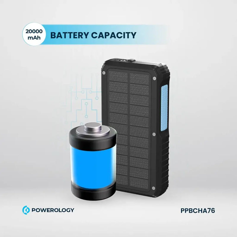 Powerology 20000mAh Solar Wireless Charging Power Bank - Black [O] - بطارية متنقلة - باورولجي - سعة 20 آلاف ملي امبير - فلاش مضيئ - مع سلك شاحن تايب سي - قوة 20 واط - شحن لاسلكي بقوة 15 واط - كفالة 18 شهر