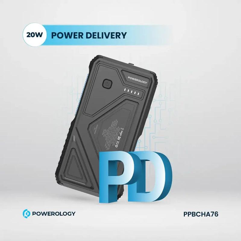 Powerology 20000mAh Solar Wireless Charging Power Bank - Black [O] - بطارية متنقلة - باورولجي - سعة 20 آلاف ملي امبير - فلاش مضيئ - مع سلك شاحن تايب سي - قوة 20 واط - شحن لاسلكي بقوة 15 واط - كفالة 18 شهر