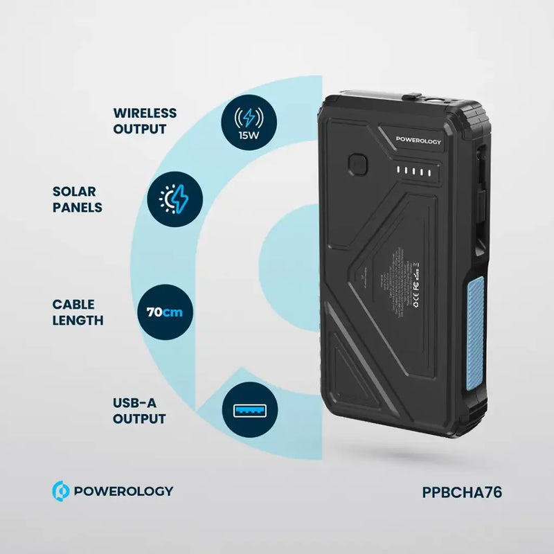 Powerology 20000mAh Solar Wireless Charging Power Bank - Black [O] - بطارية متنقلة - باورولجي - سعة 20 آلاف ملي امبير - فلاش مضيئ - مع سلك شاحن تايب سي - قوة 20 واط - شحن لاسلكي بقوة 15 واط - كفالة 18 شهر