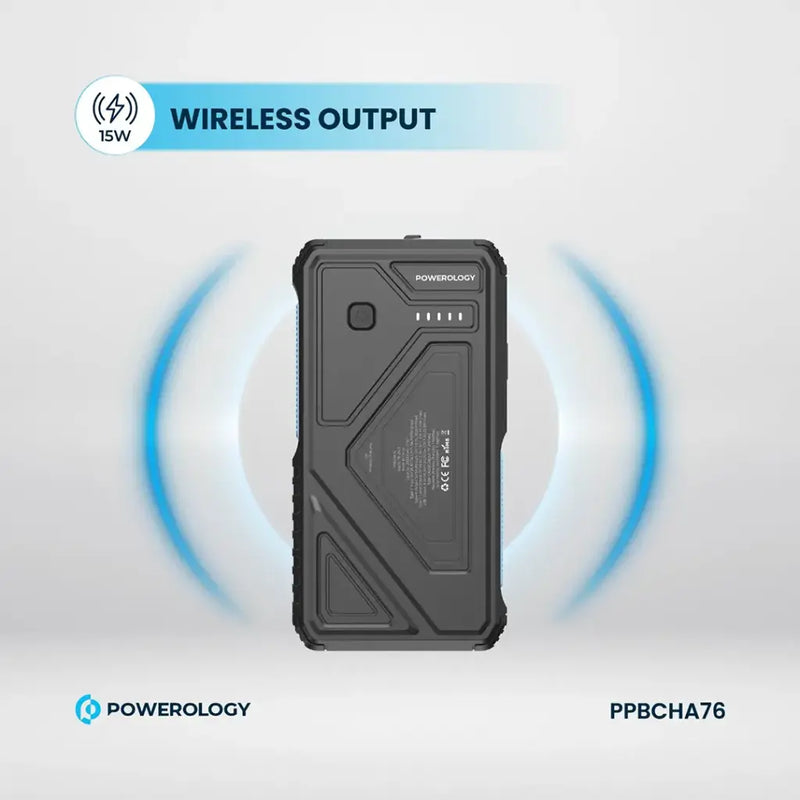 Powerology 20000mAh Solar Wireless Charging Power Bank - Black [O] - بطارية متنقلة - باورولجي - سعة 20 آلاف ملي امبير - فلاش مضيئ - مع سلك شاحن تايب سي - قوة 20 واط - شحن لاسلكي بقوة 15 واط - كفالة 18 شهر