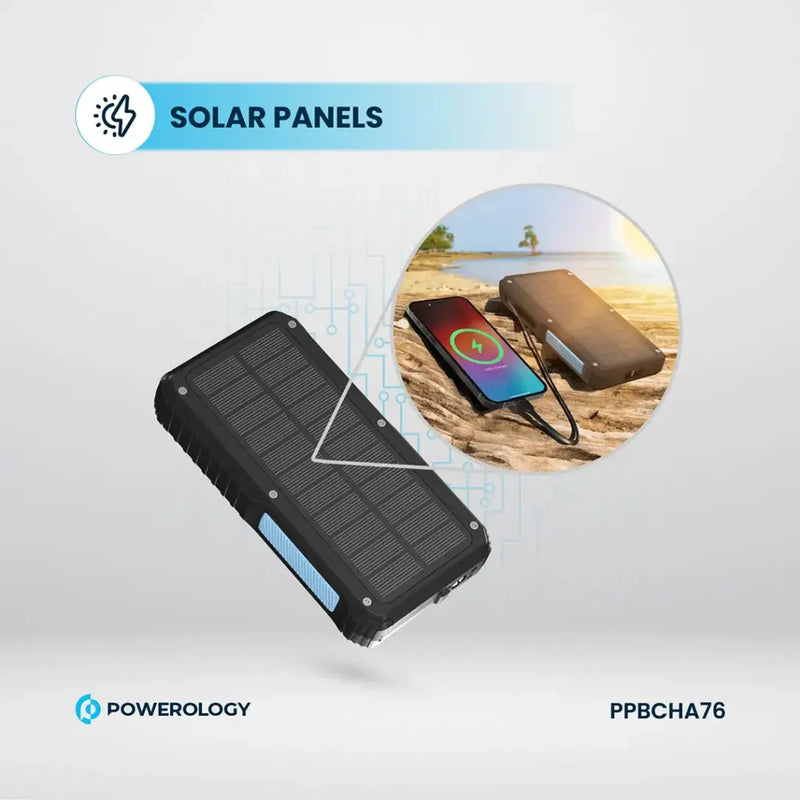 Powerology 20000mAh Solar Wireless Charging Power Bank - Black [O] - بطارية متنقلة - باورولجي - سعة 20 آلاف ملي امبير - فلاش مضيئ - مع سلك شاحن تايب سي - قوة 20 واط - شحن لاسلكي بقوة 15 واط - كفالة 18 شهر