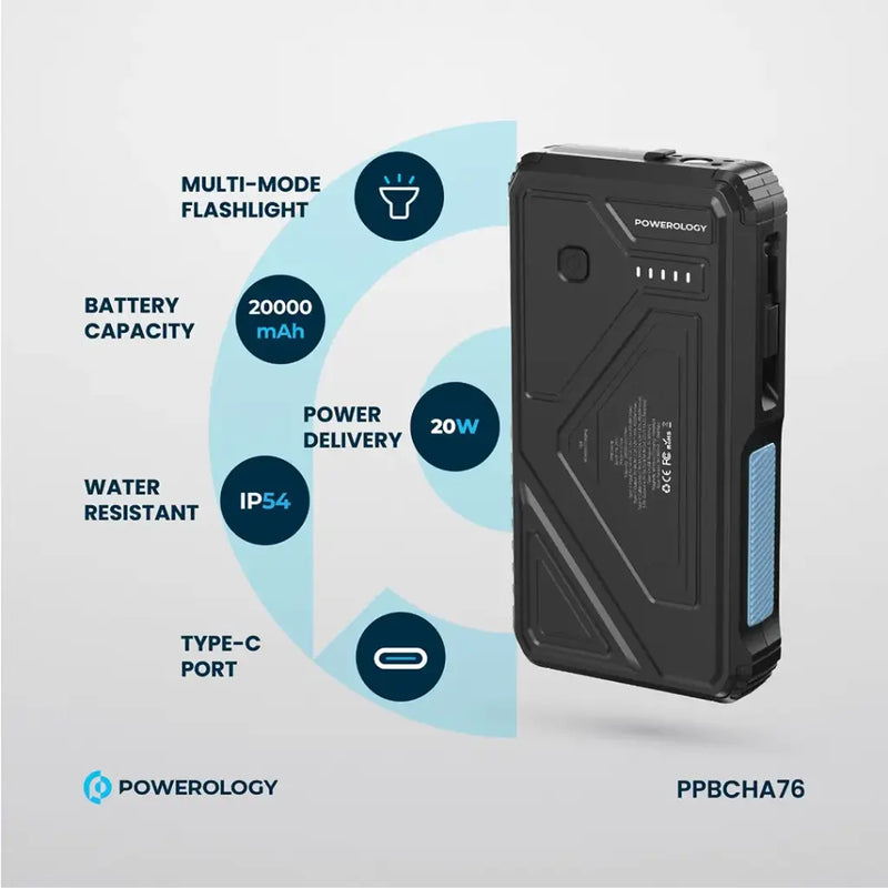 Powerology 20000mAh Solar Wireless Charging Power Bank - Black [O] - بطارية متنقلة - باورولجي - سعة 20 آلاف ملي امبير - فلاش مضيئ - مع سلك شاحن تايب سي - قوة 20 واط - شحن لاسلكي بقوة 15 واط - كفالة 18 شهر