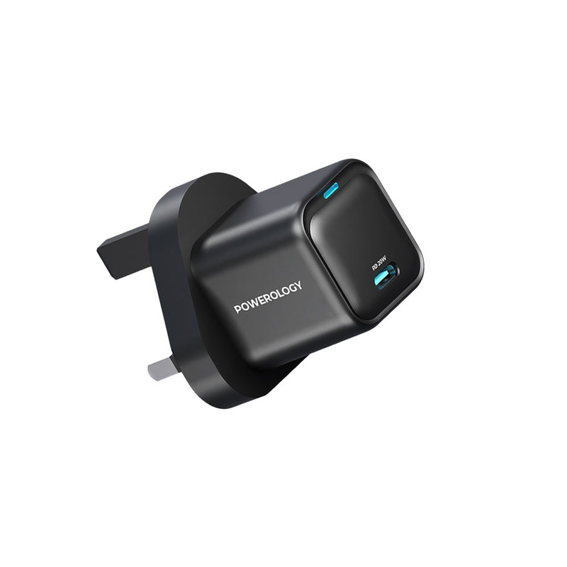 Powerology 20W Single C Port PD Charger UK - Black [O] - شاحن حائط تايب سي - باورولوجي - قوة 20 واط - كفالة 24 شهر