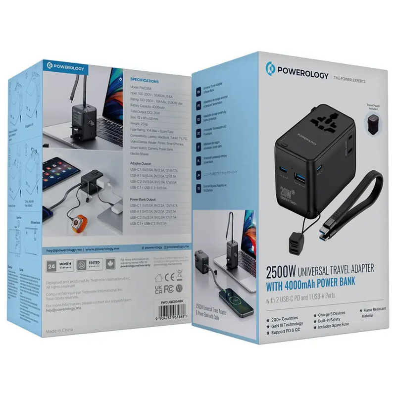 Powerology 2500W Universal Travel Adapter with 4000mAh Power Bank - Black - شاحن حائط دولي -  2 في 1 - باور بانك سعة 4000 + سلك شحن تايب سي - كفالة 24 شهر