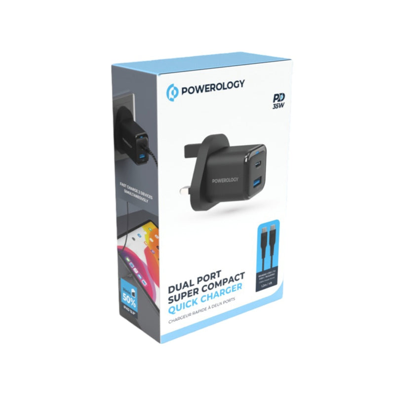 Powerology 35W PD QC 1xUSB-C 35W and 1xUSB-A 18W GaN Charger UK -with Type C to C 60W - Black - شاحن حائط تايب سي - باورولوجي - سلك شحن تايب سي - قوة 35 واط - كفالة 24 شهر