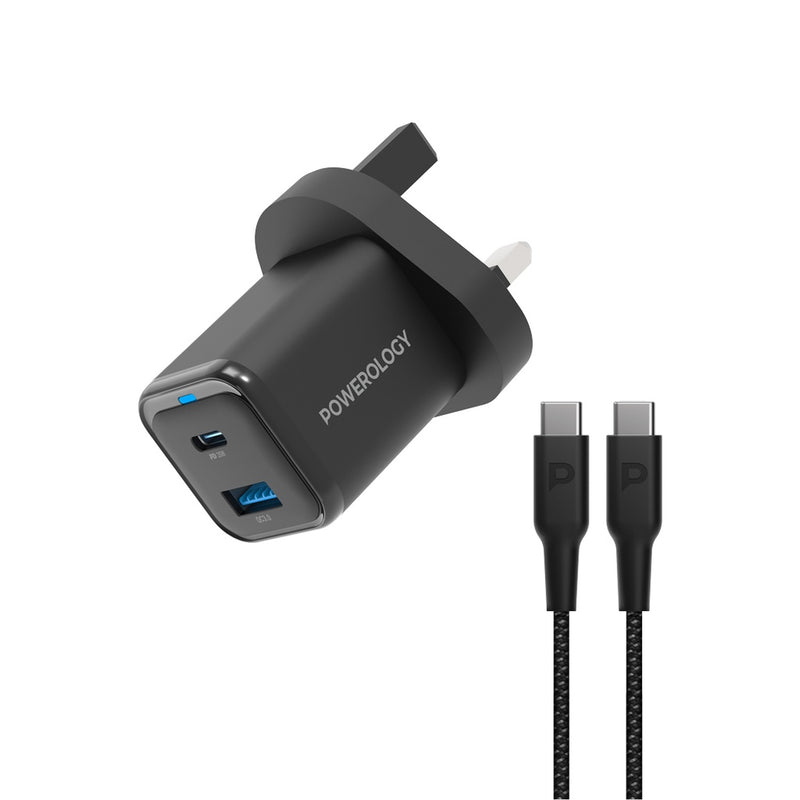 Powerology 35W PD QC 1xUSB-C 35W and 1xUSB-A 18W GaN Charger UK -with Type C to C 60W - Black - شاحن حائط تايب سي - باورولوجي - سلك شحن تايب سي - قوة 35 واط - كفالة 24 شهر