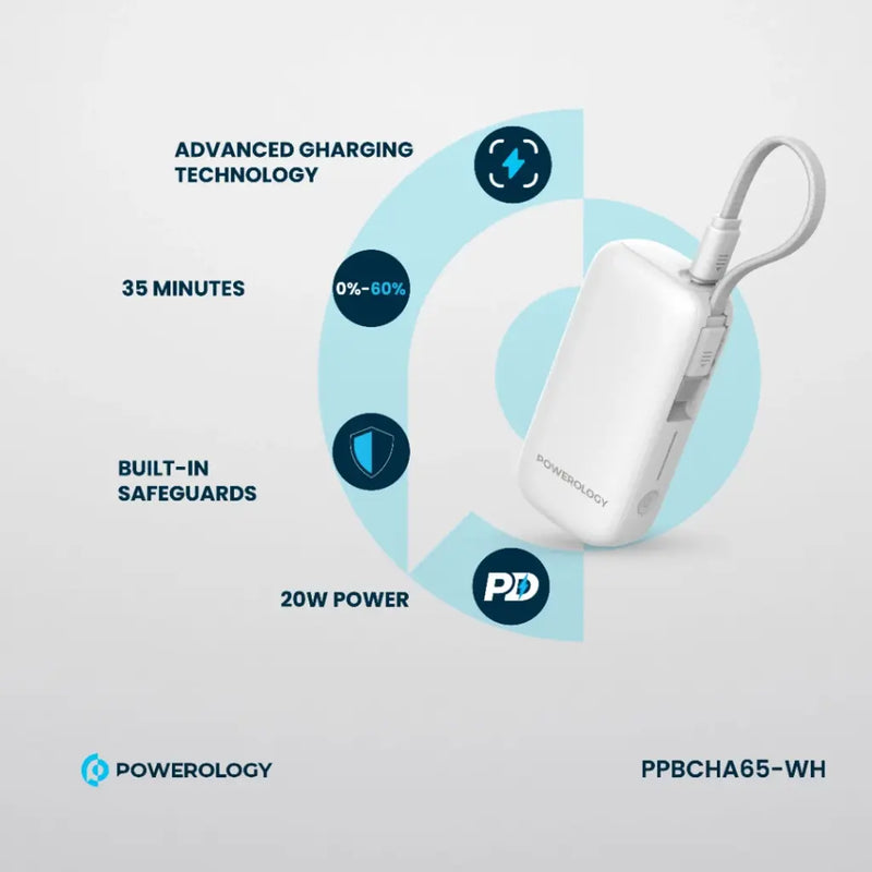 Powerology 5000mAh Power Bank - بطارية متنقلة - باورولوجي - سعة 5000 - سلك شاحن تايب سي - كفالة 24 شهر