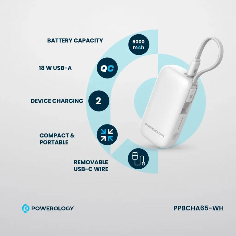 Powerology 5000mAh Power Bank - بطارية متنقلة - باورولوجي - سعة 5000 - سلك شاحن تايب سي - كفالة 24 شهر