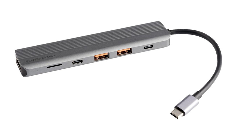 Powerology 6-in-1 Slim 4K HDMI USB-C Hub - وصلة تايب سي - 6 في 1 - متعددة الاستعمالات - لاجهزة الايباد برو - والماكو بوك واللاب توبات - كفالة 24 شهر